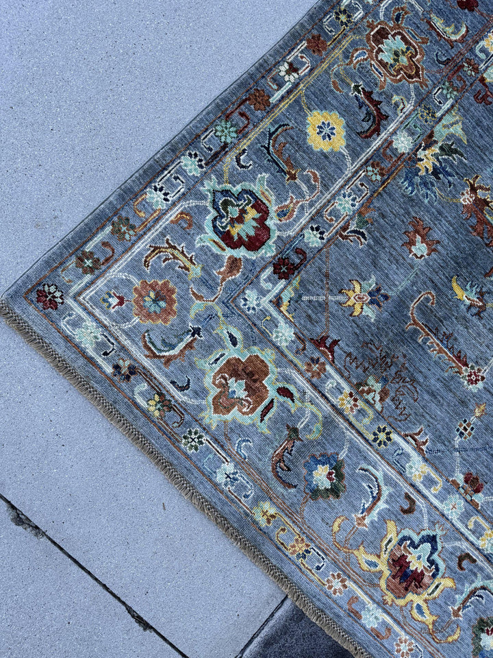 6x9 Handmade Afghan Wool Rug | Slate Blue Grey Floral Oushak Style Area Rug | Rust and Gold Accents | Hand-Knotted Carpet