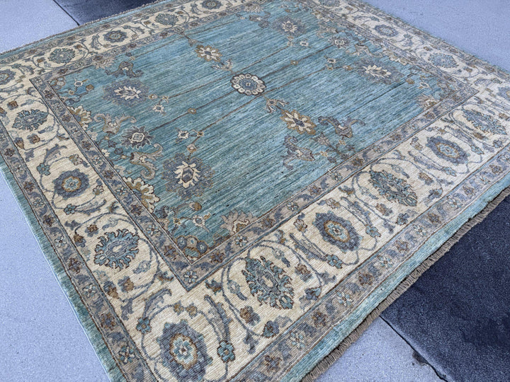6x6 Square Handmade Afghan Wool Rug | Aqua Blue and Cream Floral Area Rug | Soft Muted Oushak Style | Hand-Knotted Carpet