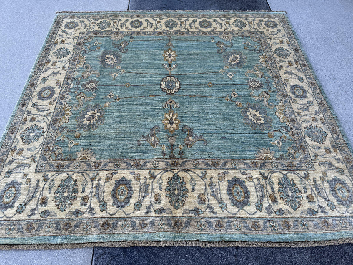 6x6 Square Handmade Afghan Wool Rug | Aqua Blue and Cream Floral Area Rug | Soft Muted Oushak Style | Hand-Knotted Carpet