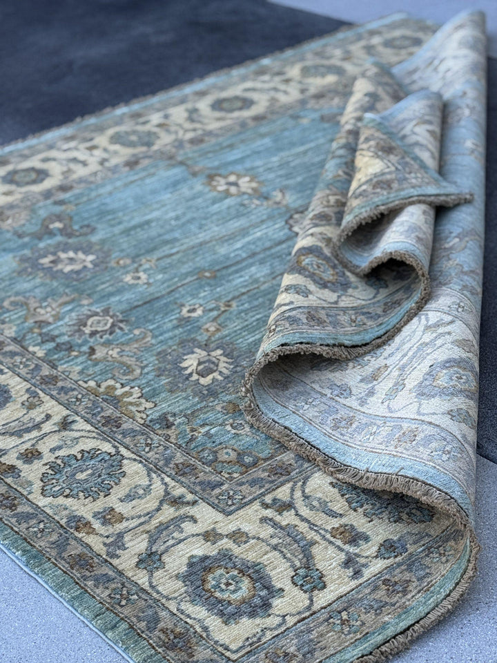 6x6 Square Handmade Afghan Wool Rug | Aqua Blue and Cream Floral Area Rug | Soft Muted Oushak Style | Hand-Knotted Carpet