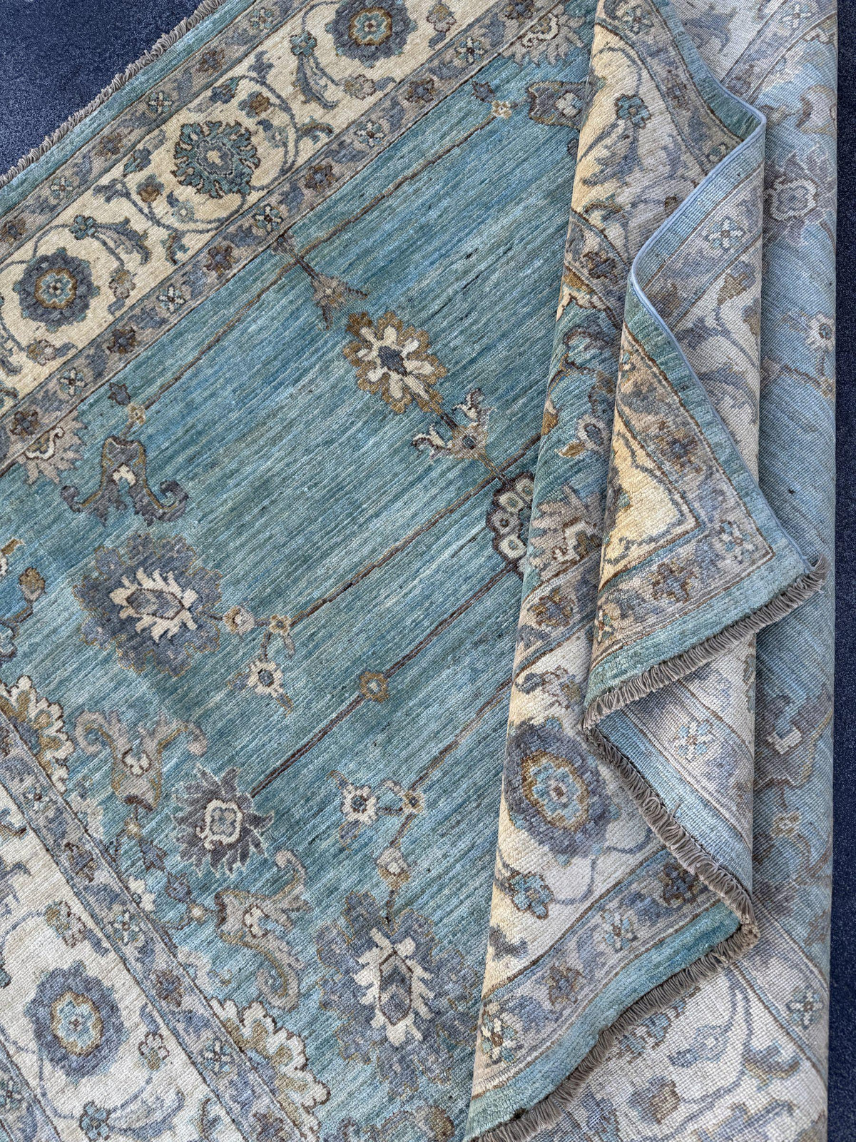 6x6 Square Handmade Afghan Wool Rug | Aqua Blue and Cream Floral Area Rug | Soft Muted Oushak Style | Hand-Knotted Carpet