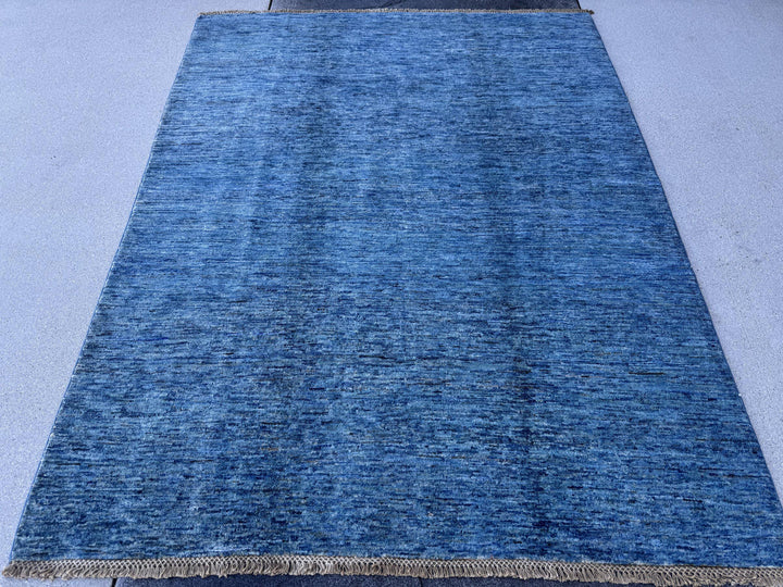 5x7 Handmade Afghan Wool Rug | Solid Denim Blue Modern Area Rug | Minimalist Abrash Texture | Hand-Knotted Contemporary Carpet
