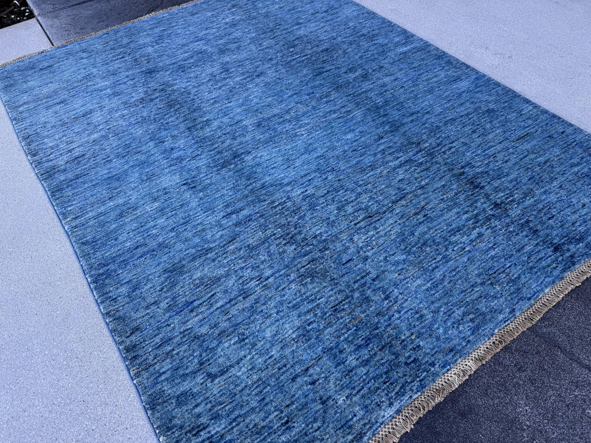 5x7 Handmade Afghan Wool Rug | Solid Denim Blue Modern Area Rug | Minimalist Abrash Texture | Hand-Knotted Contemporary Carpet