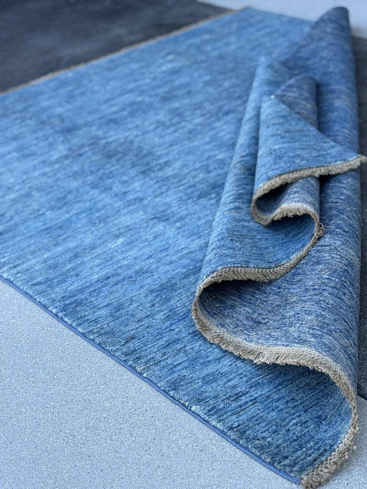 5x7 Handmade Afghan Wool Rug | Solid Denim Blue Modern Area Rug | Minimalist Abrash Texture | Hand-Knotted Contemporary Carpet