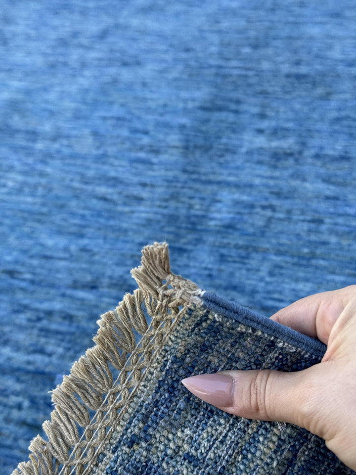5x7 Handmade Afghan Wool Rug | Solid Denim Blue Modern Area Rug | Minimalist Abrash Texture | Hand-Knotted Contemporary Carpet