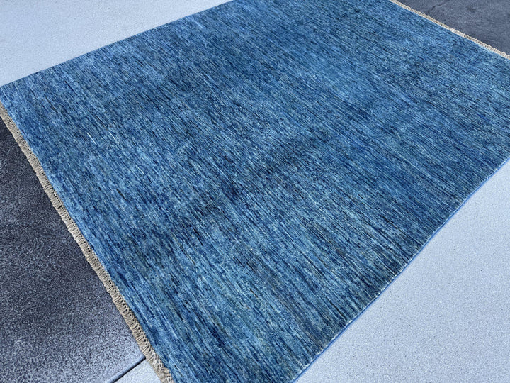 5x7 Handmade Afghan Wool Rug | Solid Denim Blue Modern Area Rug | Minimalist Abrash Texture | Hand-Knotted Contemporary Carpet