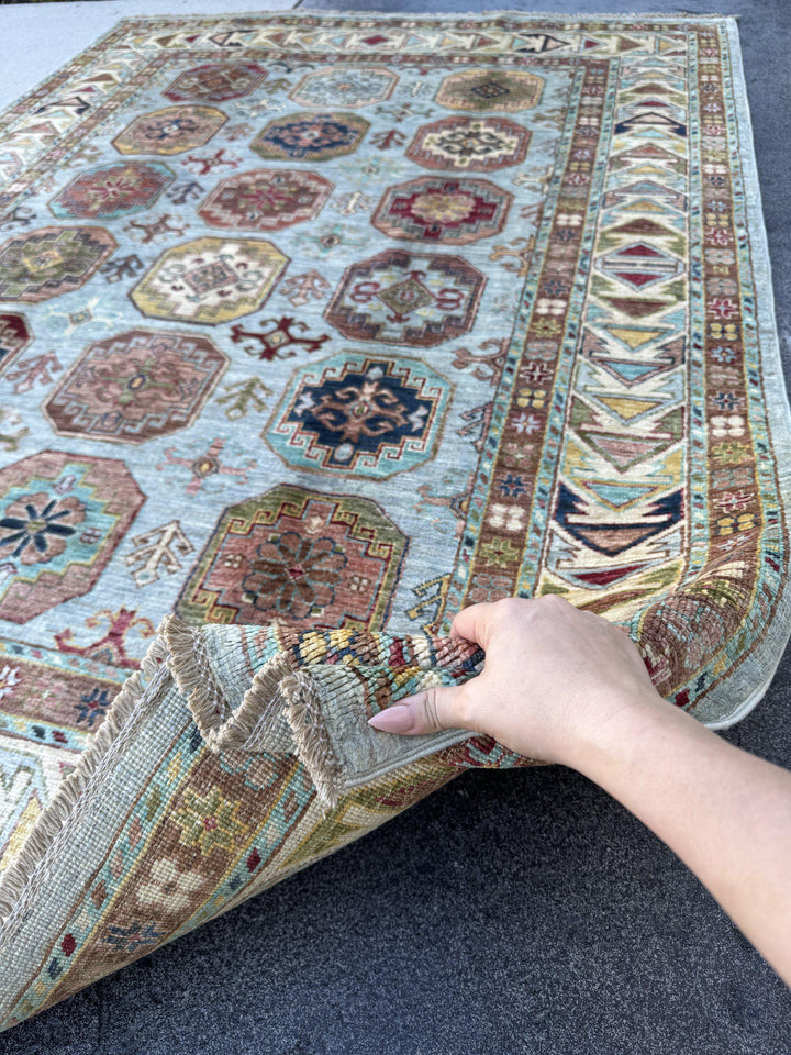 5x7 Handmade Afghan Wool Rug | Light Blue and Ivory Kazak Geometric Medallion Area Rug | Hand-Knotted Tribal Carpet