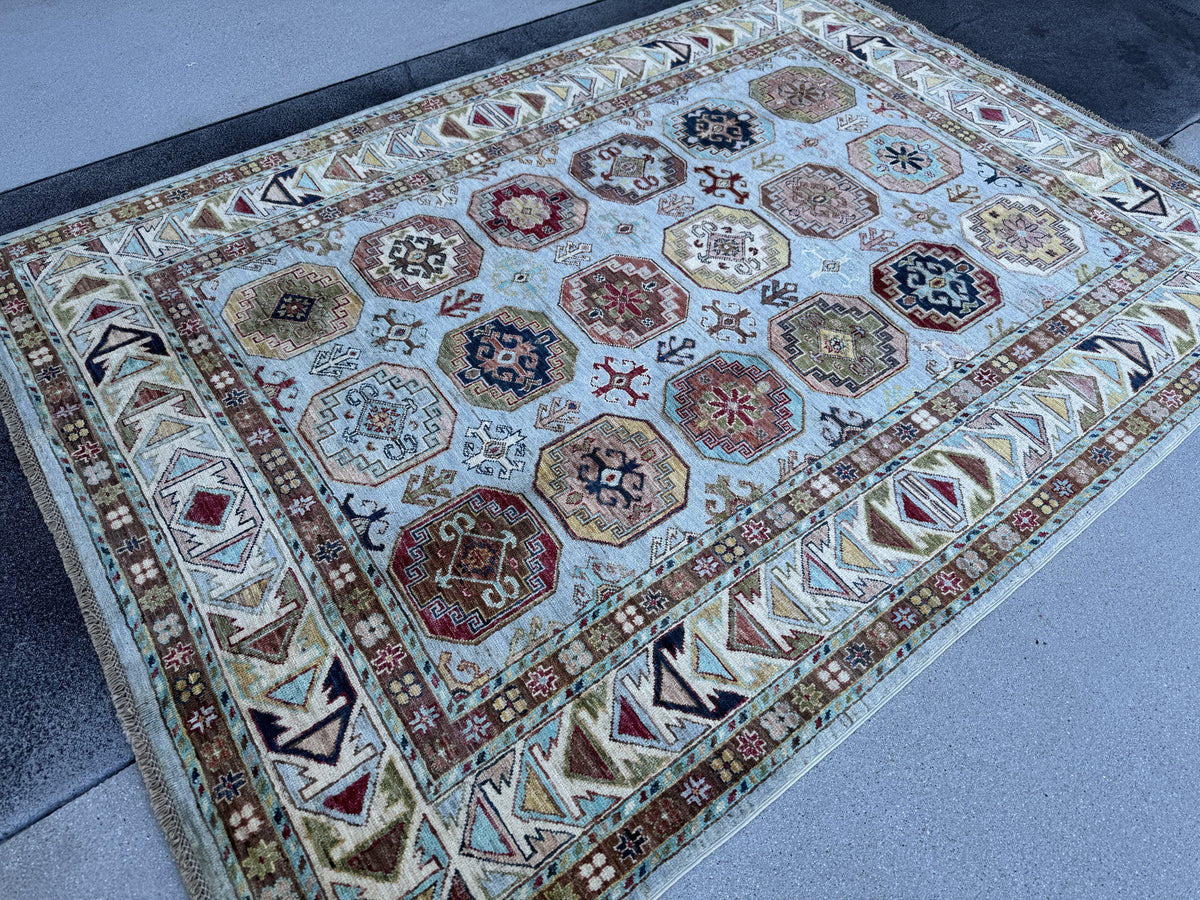 5x7 Handmade Afghan Wool Rug | Light Blue and Ivory Kazak Geometric Medallion Area Rug | Hand-Knotted Tribal Carpet