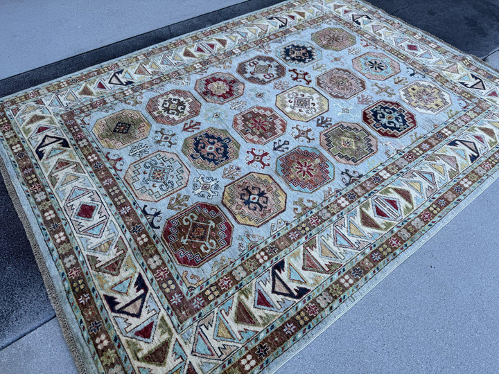 5x7 Handmade Afghan Wool Rug | Light Blue and Ivory Kazak Geometric Medallion Area Rug | Hand-Knotted Tribal Carpet