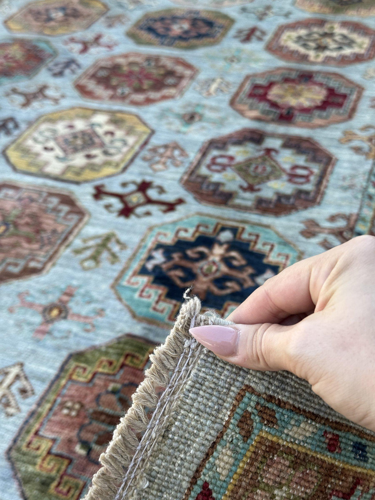 5x7 Handmade Afghan Wool Rug | Light Blue and Ivory Kazak Geometric Medallion Area Rug | Hand-Knotted Tribal Carpet