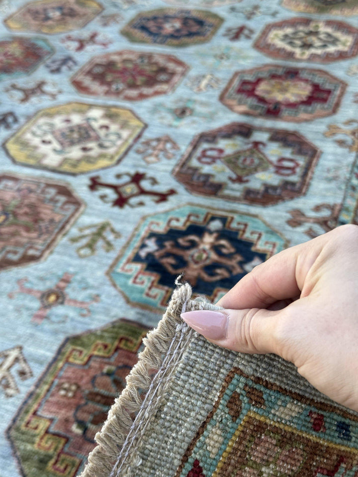 5x7 Handmade Afghan Wool Rug | Light Blue and Ivory Kazak Geometric Medallion Area Rug | Hand-Knotted Tribal Carpet