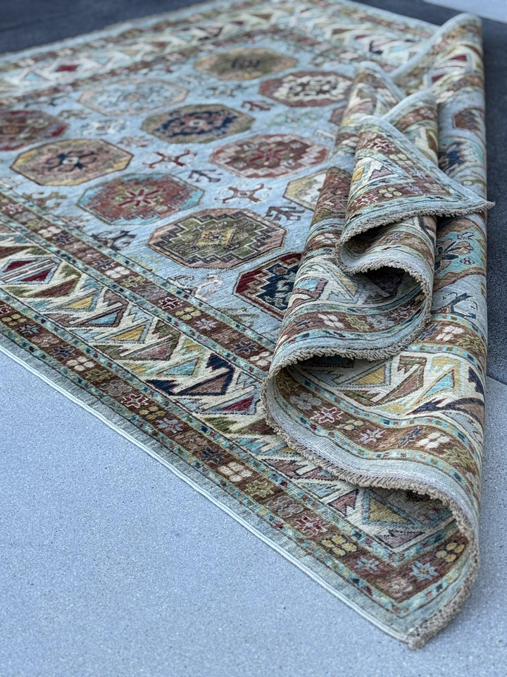 5x7 Handmade Afghan Wool Rug | Light Blue and Ivory Kazak Geometric Medallion Area Rug | Hand-Knotted Tribal Carpet