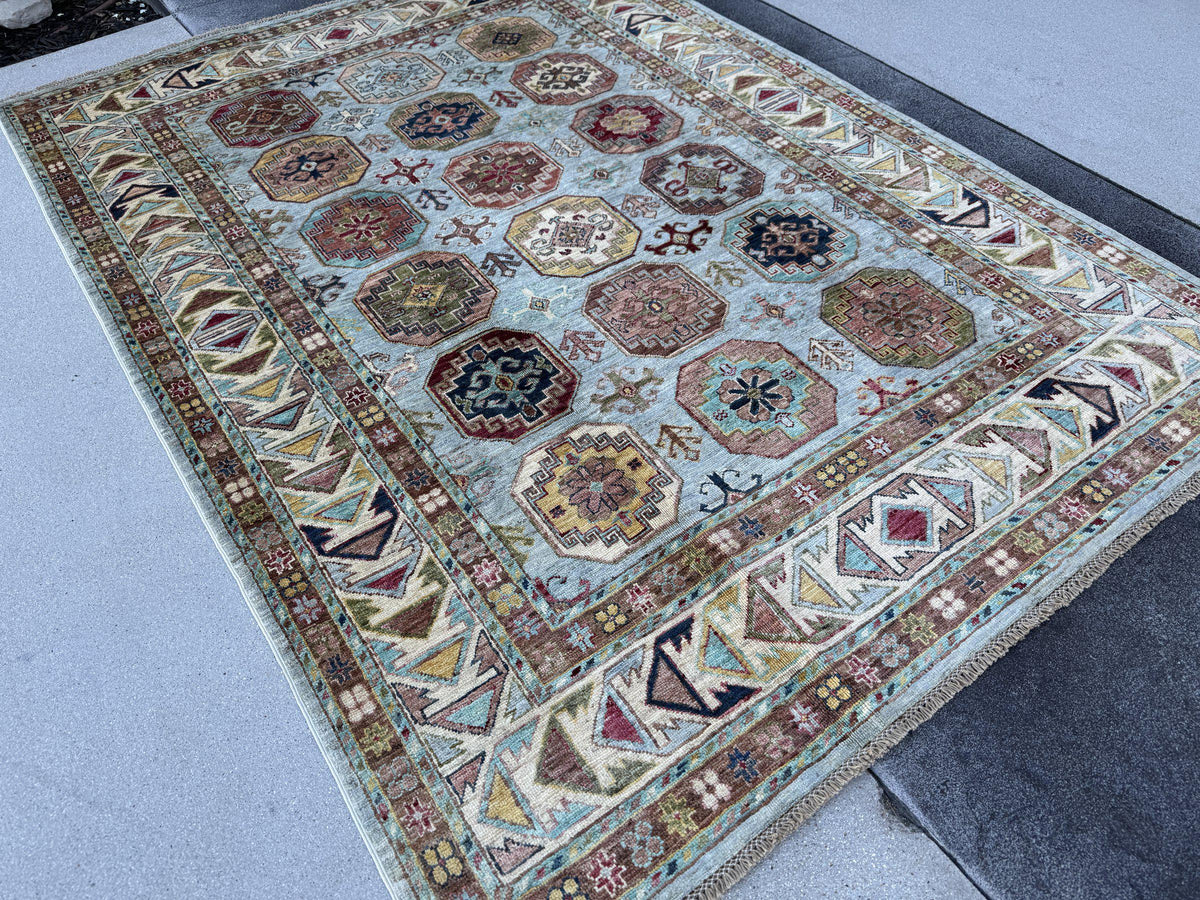 5x7 Handmade Afghan Wool Rug | Light Blue and Ivory Kazak Geometric Medallion Area Rug | Hand-Knotted Tribal Carpet