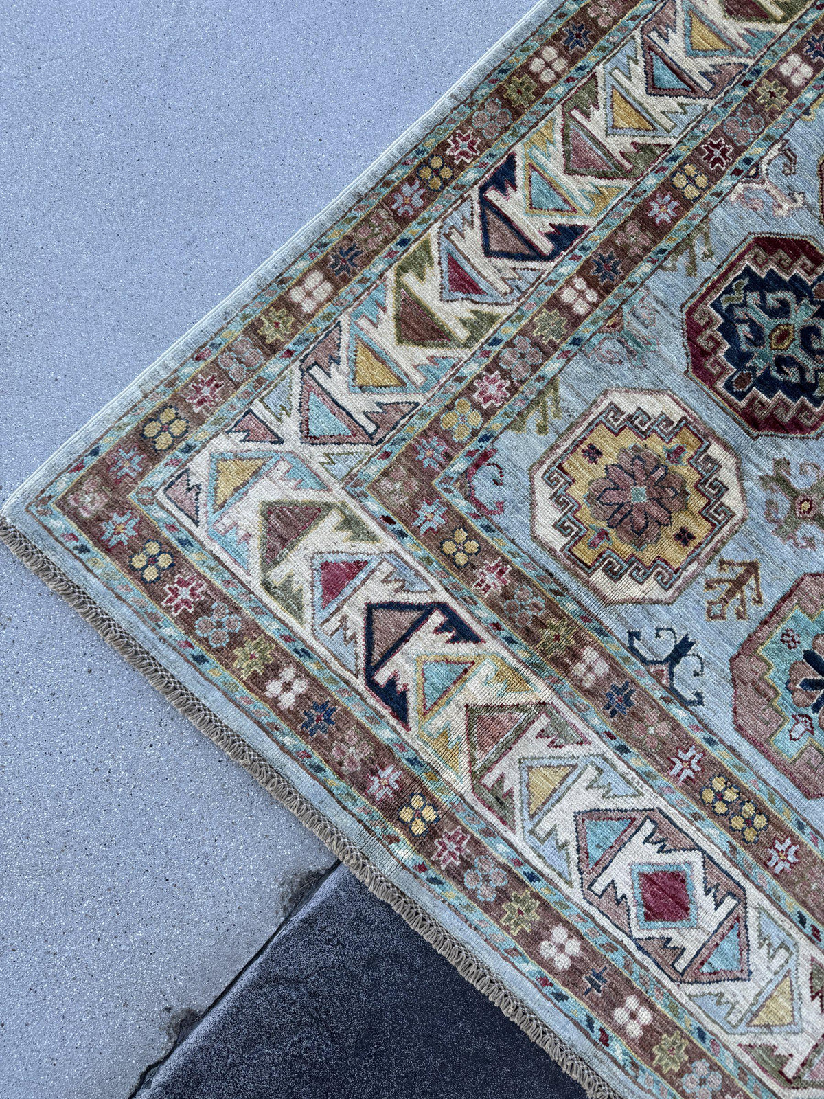 5x7 Handmade Afghan Wool Rug | Light Blue and Ivory Kazak Geometric Medallion Area Rug | Hand-Knotted Tribal Carpet
