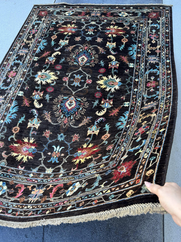 5x7 Handmade Afghan Wool Rug | Dark Chocolate Brown Floral Area Rug | Sky Blue, Coral and Gold Accents | Hand-Knotted Carpet