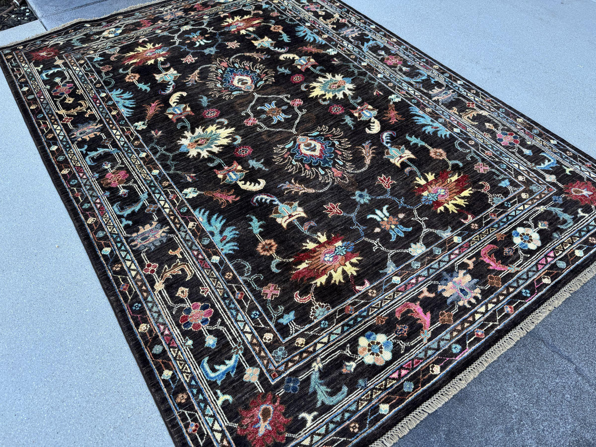 5x7 Handmade Afghan Wool Rug | Dark Chocolate Brown Floral Area Rug | Sky Blue, Coral and Gold Accents | Hand-Knotted Carpet