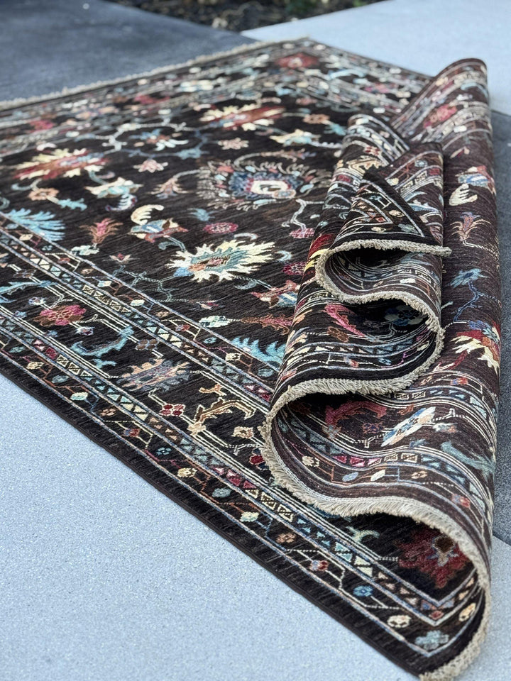 5x7 Handmade Afghan Wool Rug | Dark Chocolate Brown Floral Area Rug | Sky Blue, Coral and Gold Accents | Hand-Knotted Carpet