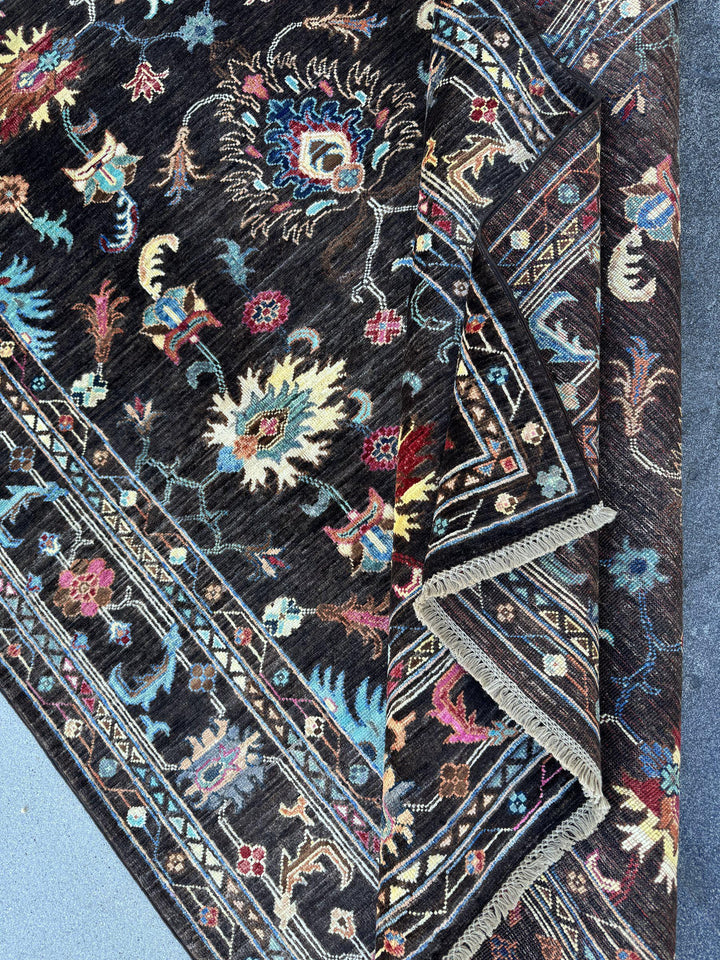 5x7 Handmade Afghan Wool Rug | Dark Chocolate Brown Floral Area Rug | Sky Blue, Coral and Gold Accents | Hand-Knotted Carpet