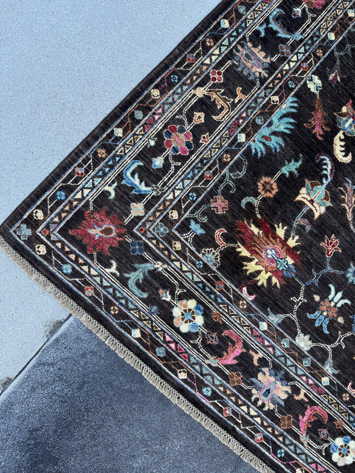5x7 Handmade Afghan Wool Rug | Dark Chocolate Brown Floral Area Rug | Sky Blue, Coral and Gold Accents | Hand-Knotted Carpet