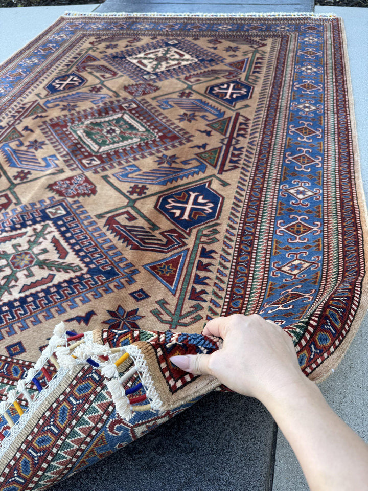 5x7 Handmade Afghan Wool Rug | Camel Tan and Cornflower Blue Kazak Geometric Area Rug | Hand-Knotted Tribal Carpet