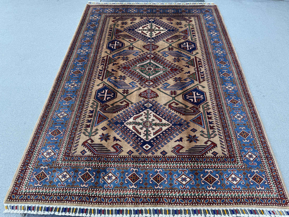 5x7 Handmade Afghan Wool Rug | Camel Tan and Cornflower Blue Kazak Geometric Area Rug | Hand-Knotted Tribal Carpet