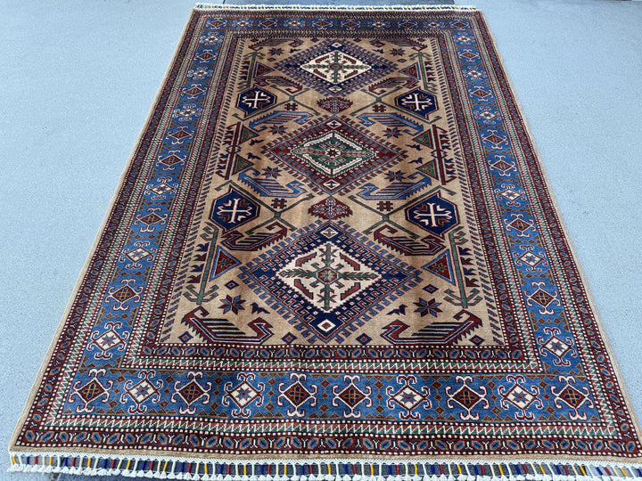 5x7 Handmade Afghan Wool Rug | Camel Tan and Cornflower Blue Kazak Geometric Area Rug | Hand-Knotted Tribal Carpet
