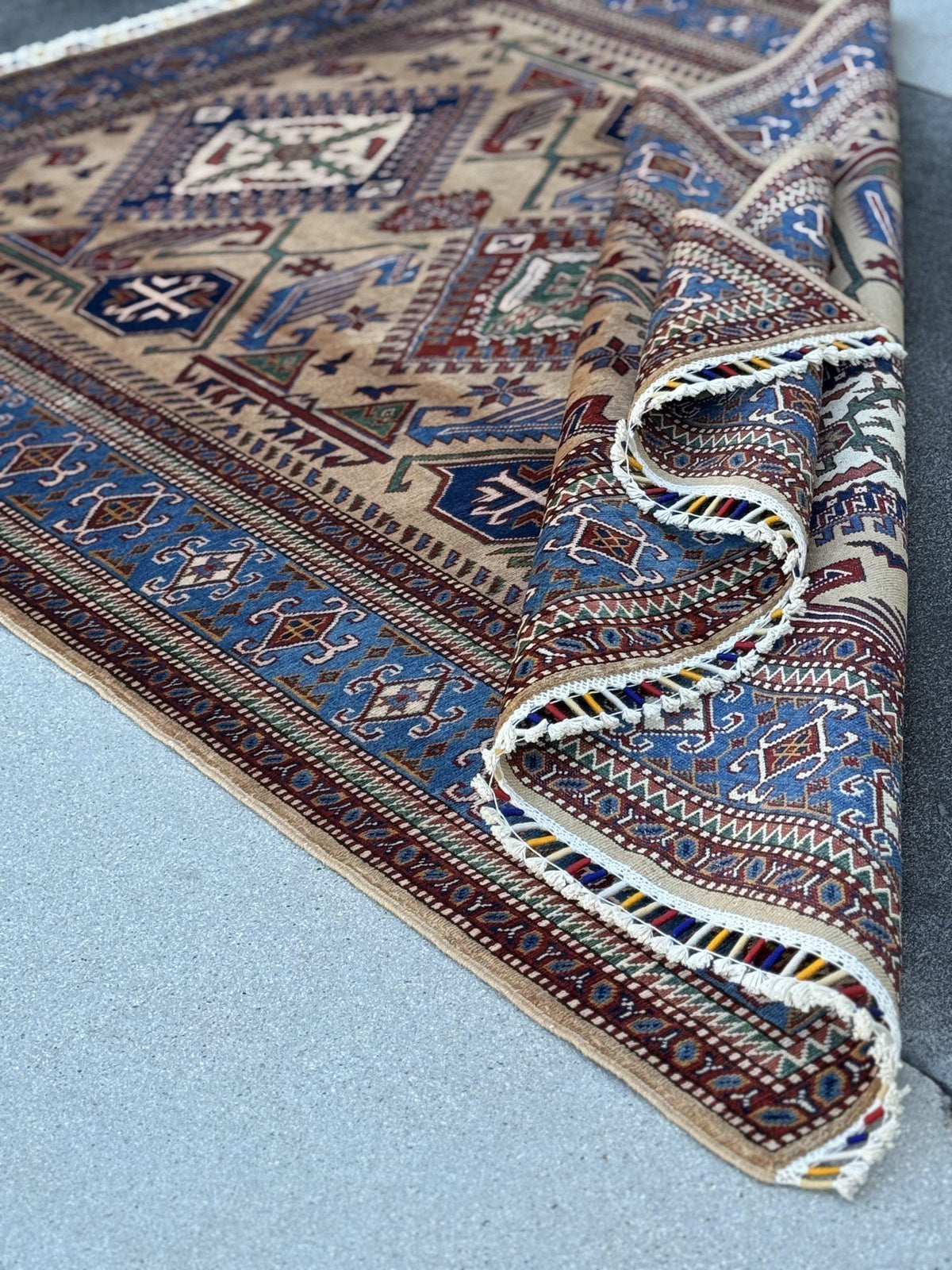 5x7 Handmade Afghan Wool Rug | Camel Tan and Cornflower Blue Kazak Geometric Area Rug | Hand-Knotted Tribal Carpet