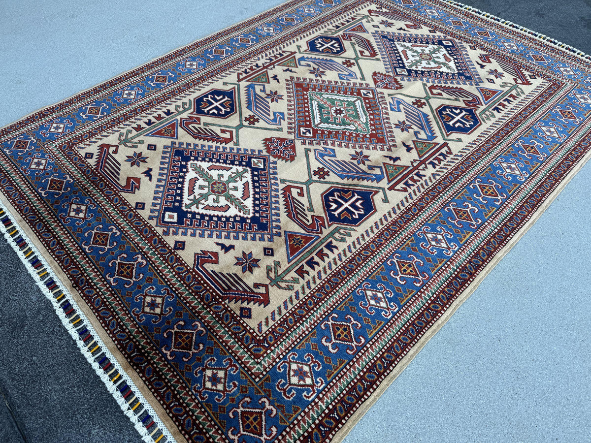 5x7 Handmade Afghan Wool Rug | Camel Tan and Cornflower Blue Kazak Geometric Area Rug | Hand-Knotted Tribal Carpet