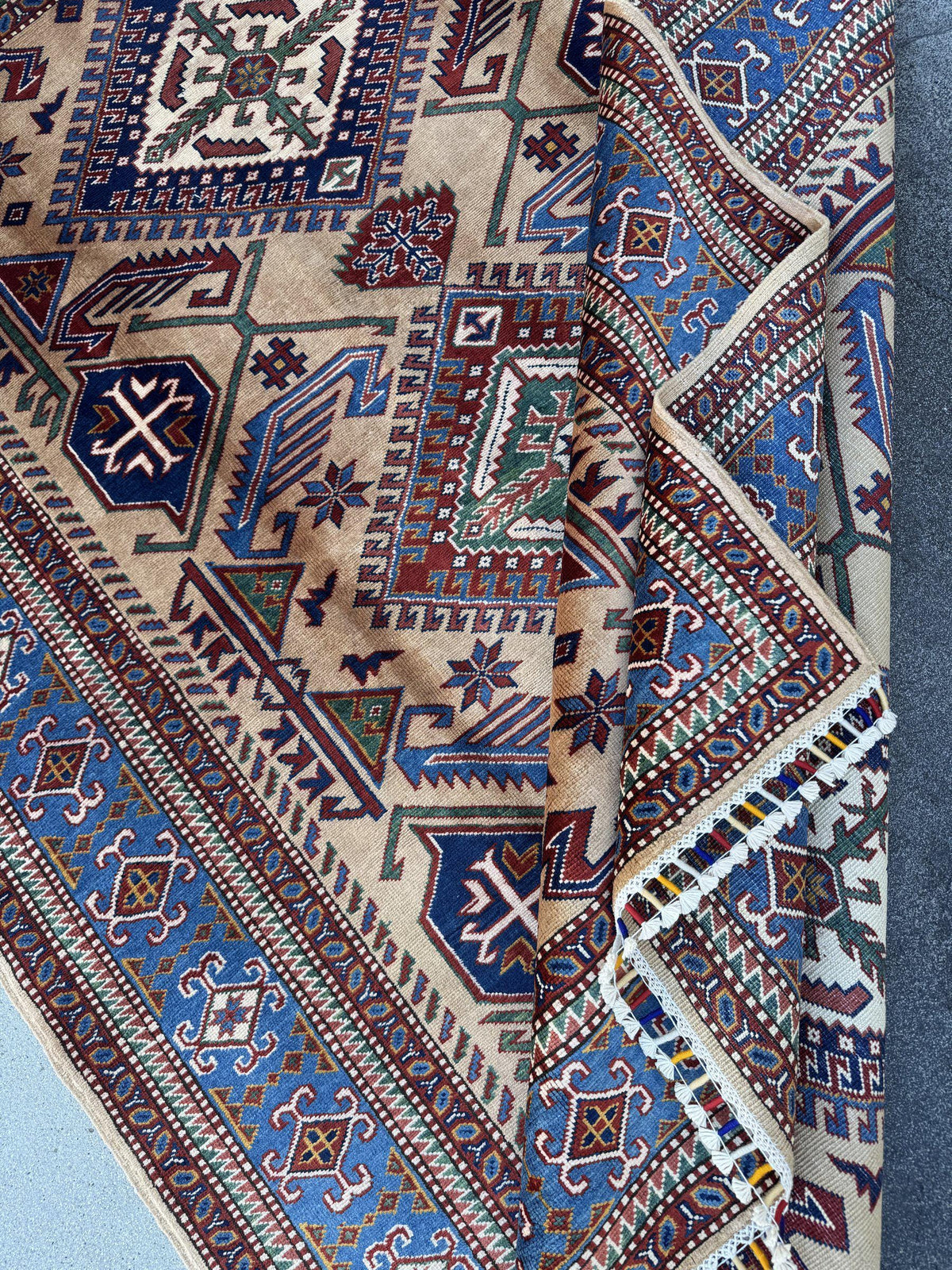 5x7 Handmade Afghan Wool Rug | Camel Tan and Cornflower Blue Kazak Geometric Area Rug | Hand-Knotted Tribal Carpet
