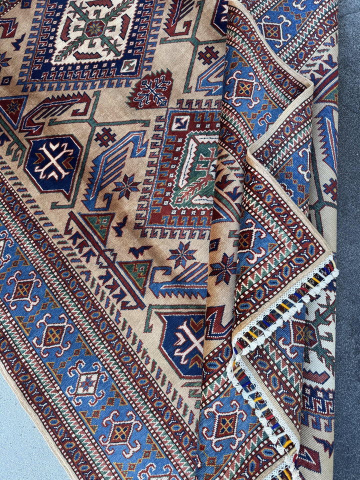 5x7 Handmade Afghan Wool Rug | Camel Tan and Cornflower Blue Kazak Geometric Area Rug | Hand-Knotted Tribal Carpet