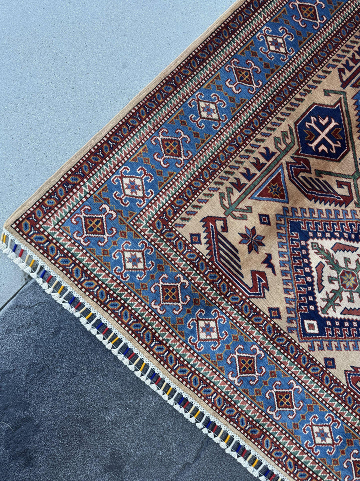 5x7 Handmade Afghan Wool Rug | Camel Tan and Cornflower Blue Kazak Geometric Area Rug | Hand-Knotted Tribal Carpet