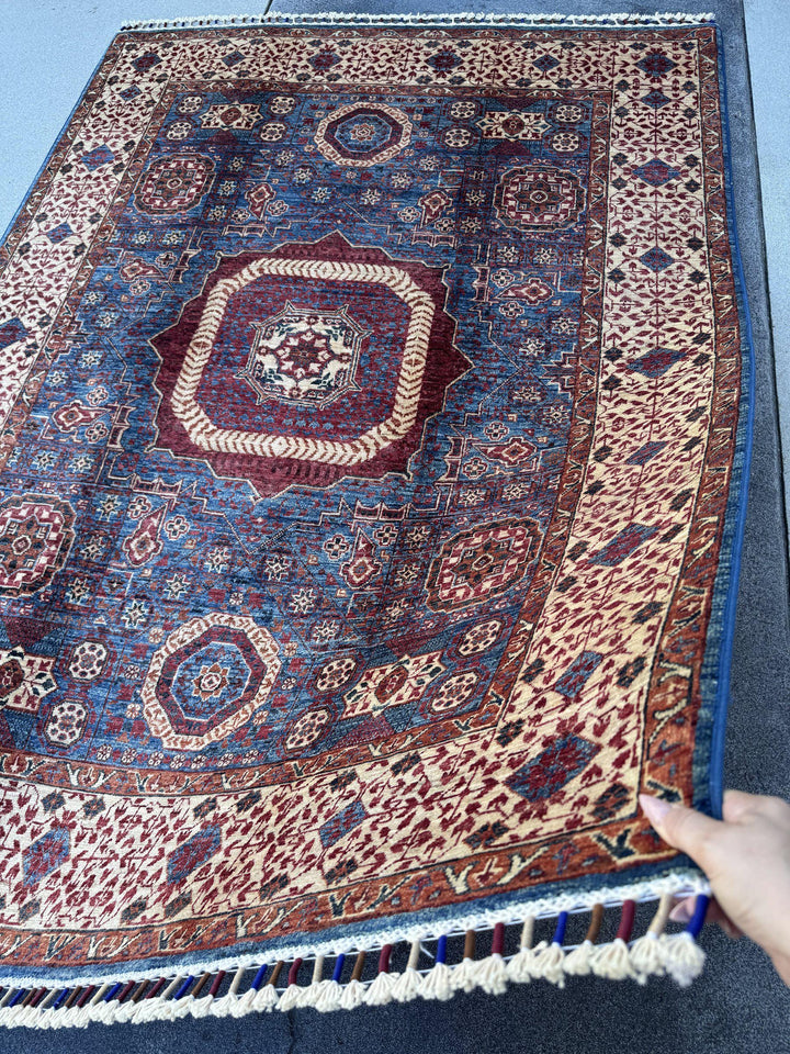 5x7 Handmade Afghan Wool Rug | Blue and Burgundy Mamluk Medallion Area Rug | Ivory Border | Hand-Knotted Traditional Carpet