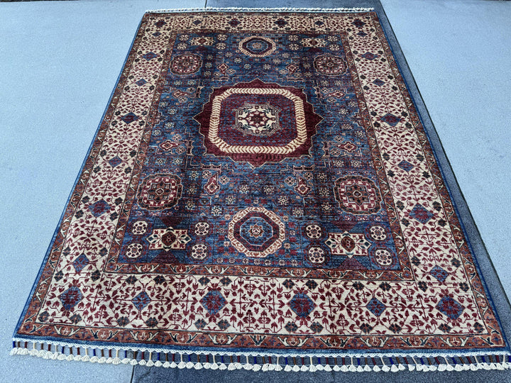 5x7 Handmade Afghan Wool Rug | Blue and Burgundy Mamluk Medallion Area Rug | Ivory Border | Hand-Knotted Traditional Carpet