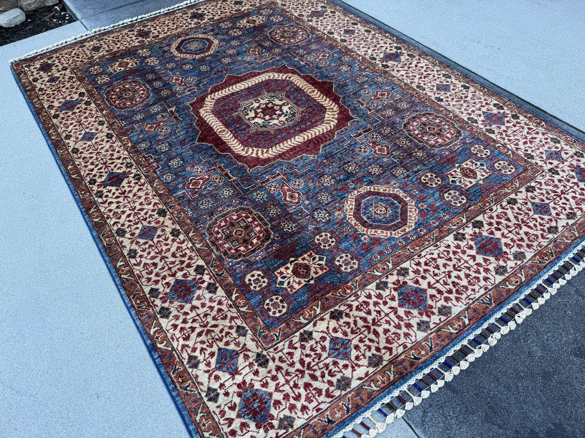 5x7 Handmade Afghan Wool Rug | Blue and Burgundy Mamluk Medallion Area Rug | Ivory Border | Hand-Knotted Traditional Carpet