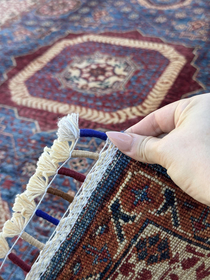 5x7 Handmade Afghan Wool Rug | Blue and Burgundy Mamluk Medallion Area Rug | Ivory Border | Hand-Knotted Traditional Carpet