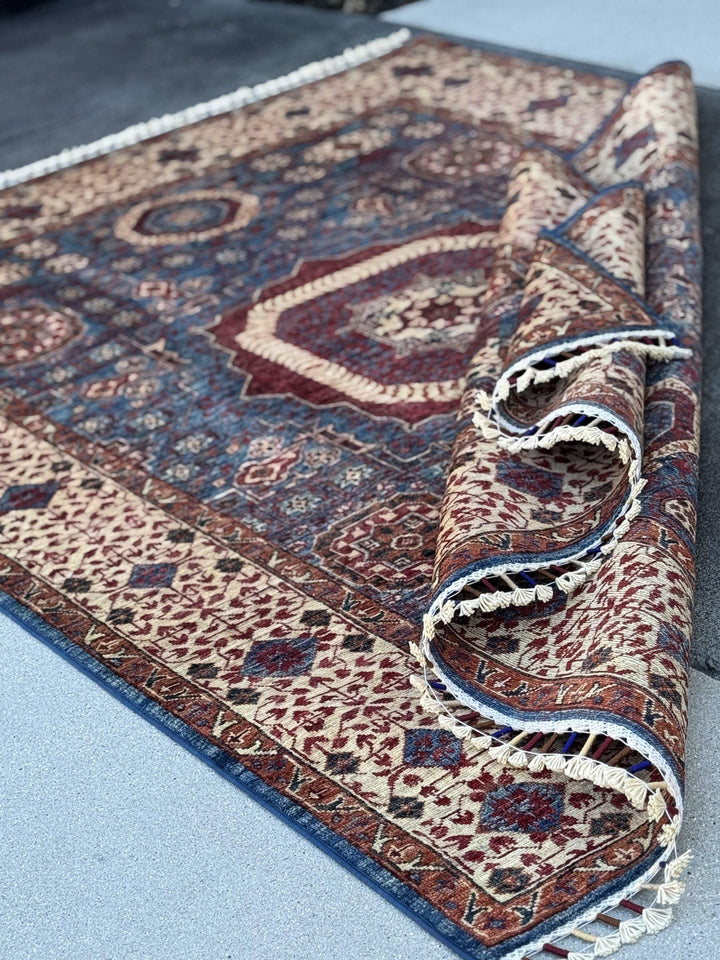 5x7 Handmade Afghan Wool Rug | Blue and Burgundy Mamluk Medallion Area Rug | Ivory Border | Hand-Knotted Traditional Carpet