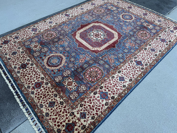 5x7 Handmade Afghan Wool Rug | Blue and Burgundy Mamluk Medallion Area Rug | Ivory Border | Hand-Knotted Traditional Carpet