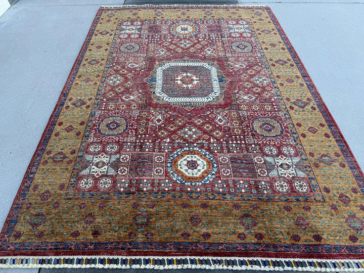 6x8 Handmade Afghan Wool Rug | Burgundy Red and Gold Mamluk Medallion Area Rug | Hand-Knotted Traditional Carpet
