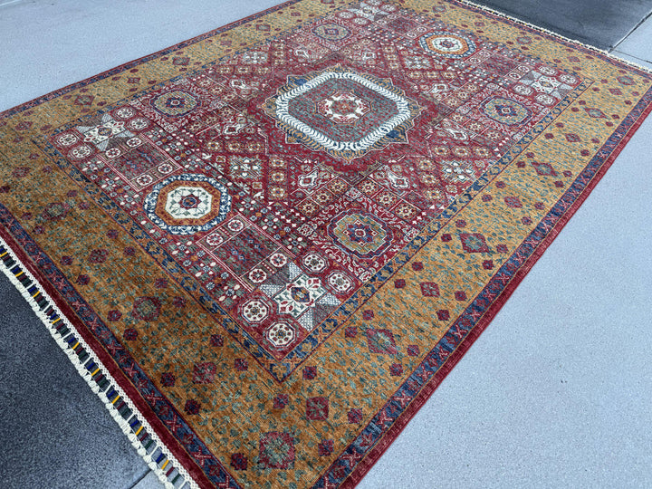 6x8 Handmade Afghan Wool Rug | Burgundy Red and Gold Mamluk Medallion Area Rug | Hand-Knotted Traditional Carpet