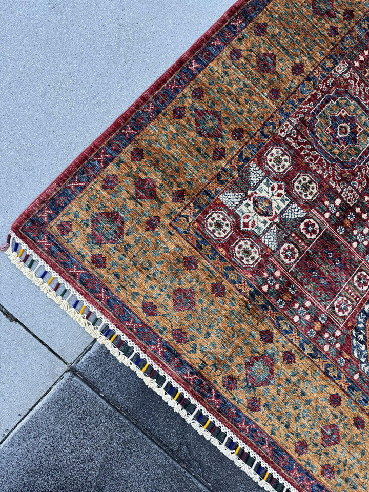 6x8 Handmade Afghan Wool Rug | Burgundy Red and Gold Mamluk Medallion Area Rug | Hand-Knotted Traditional Carpet