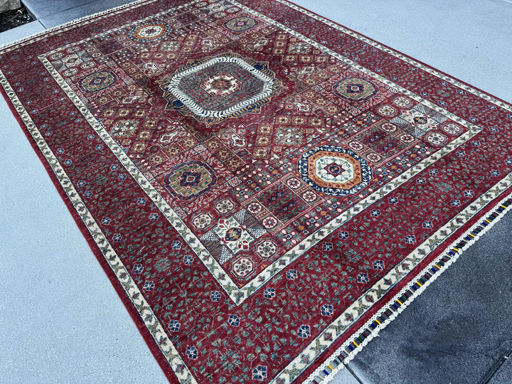 6x8 Handmade Afghan Wool Rug | Crimson Red Mamluk Medallion Area Rug | Ivory and Navy Accents | Hand-Knotted Traditional Carpet