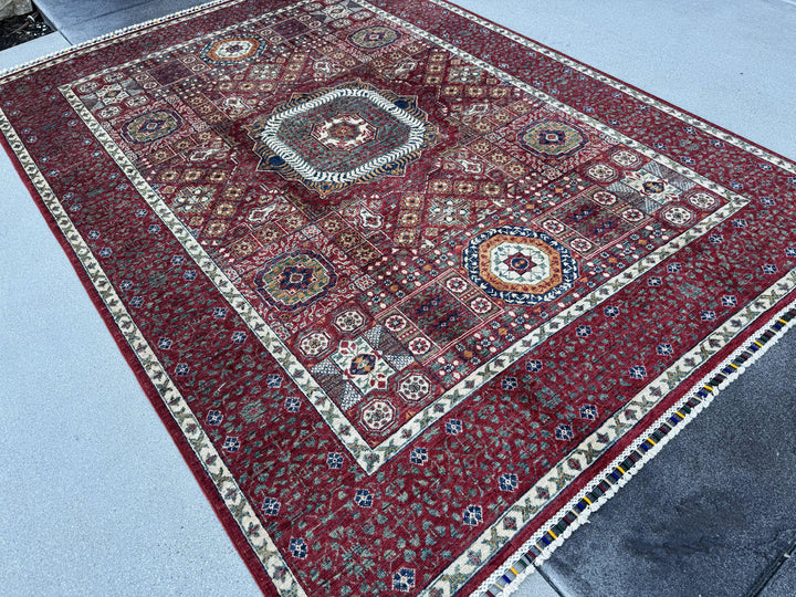 6x8 Handmade Afghan Wool Rug | Crimson Red Mamluk Medallion Area Rug | Ivory and Navy Accents | Hand-Knotted Traditional Carpet