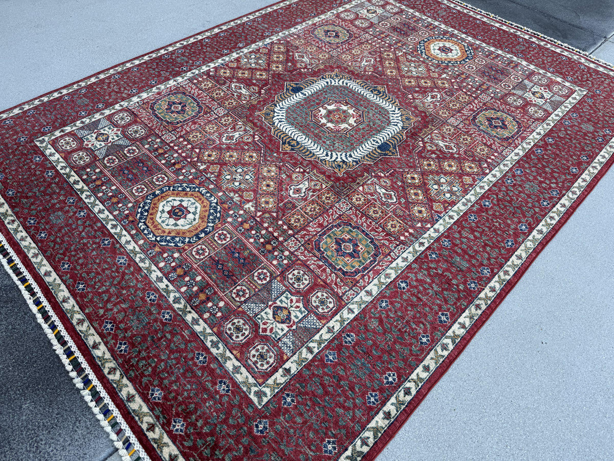 6x8 Handmade Afghan Wool Rug | Crimson Red Mamluk Medallion Area Rug | Ivory and Navy Accents | Hand-Knotted Traditional Carpet