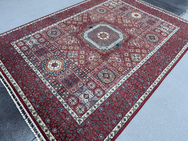 6x8 Handmade Afghan Wool Rug | Crimson Red Mamluk Medallion Area Rug | Ivory and Navy Accents | Hand-Knotted Traditional Carpet
