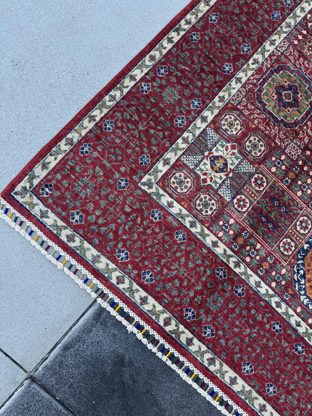 6x8 Handmade Afghan Wool Rug | Crimson Red Mamluk Medallion Area Rug | Ivory and Navy Accents | Hand-Knotted Traditional Carpet
