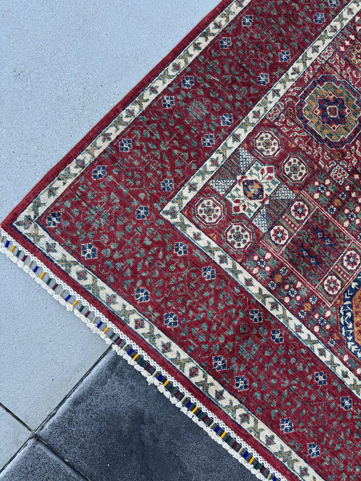 6x8 Handmade Afghan Wool Rug | Crimson Red Mamluk Medallion Area Rug | Ivory and Navy Accents | Hand-Knotted Traditional Carpet