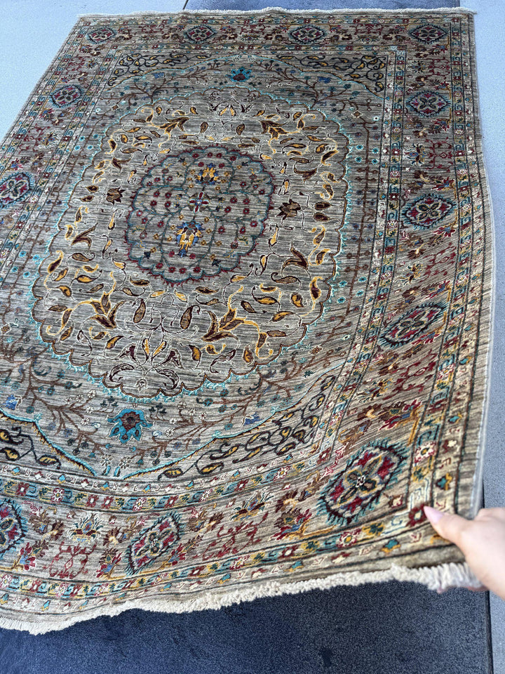 6x8 Handmade Afghan Wool Rug | Taupe and Beige Floral Medallion Area Rug | Muted Gold, Rose and Mint Accents | Hand-Knotted