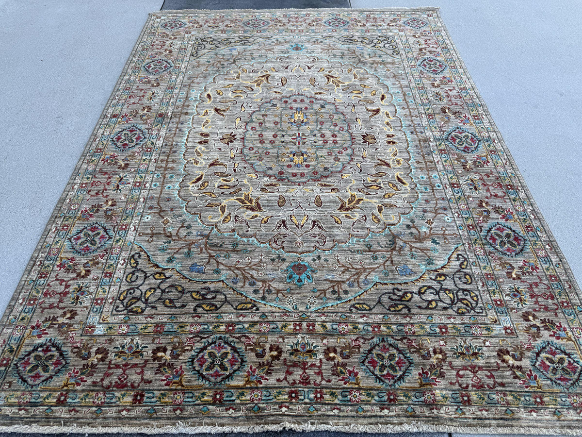 6x8 Handmade Afghan Wool Rug | Taupe and Beige Floral Medallion Area Rug | Muted Gold, Rose and Mint Accents | Hand-Knotted