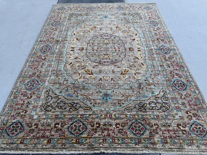 6x8 Handmade Afghan Wool Rug | Taupe and Beige Floral Medallion Area Rug | Muted Gold, Rose and Mint Accents | Hand-Knotted
