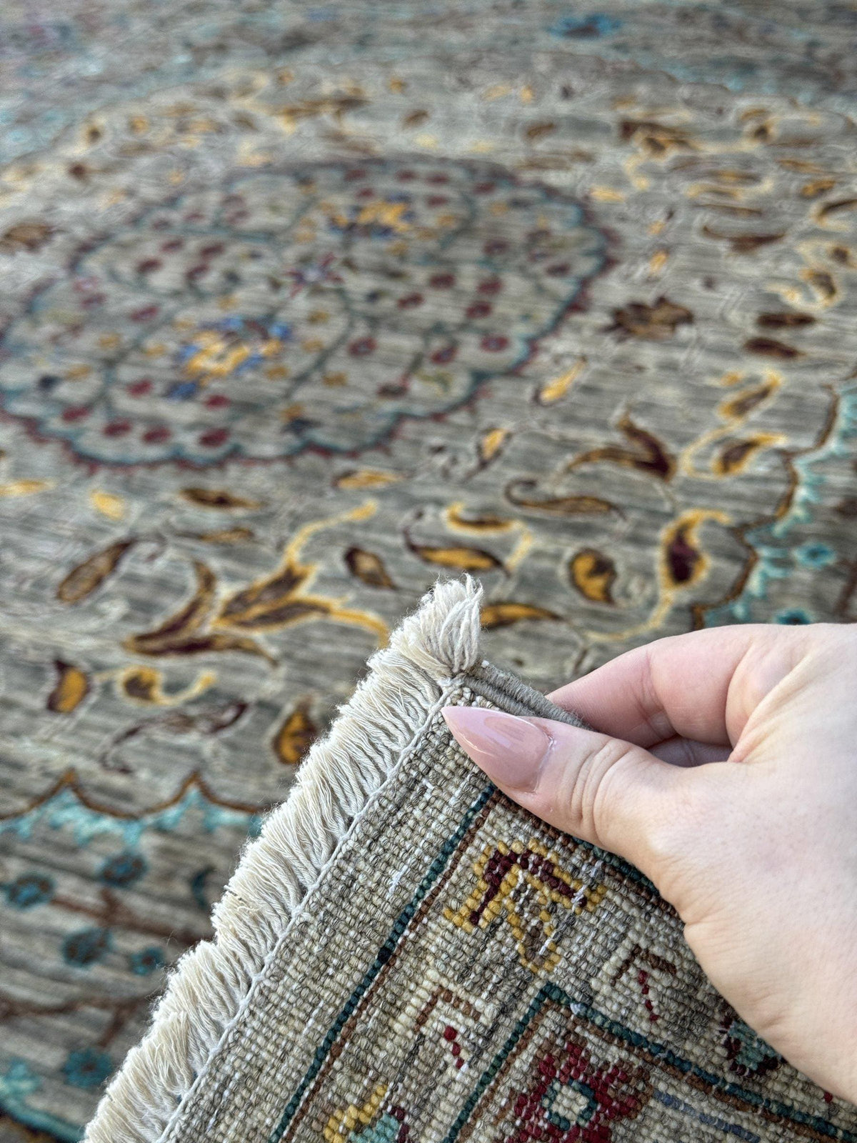 6x8 Handmade Afghan Wool Rug | Taupe and Beige Floral Medallion Area Rug | Muted Gold, Rose and Mint Accents | Hand-Knotted